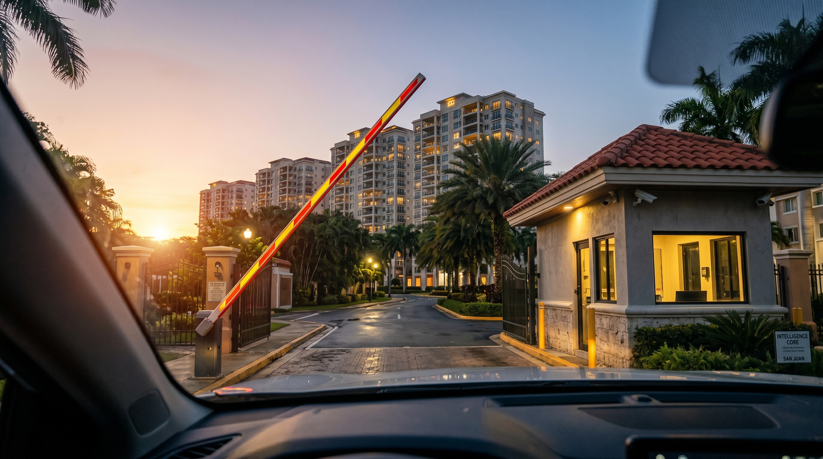 Caseta de control de acceso con brazo en condominio de Puerto Rico